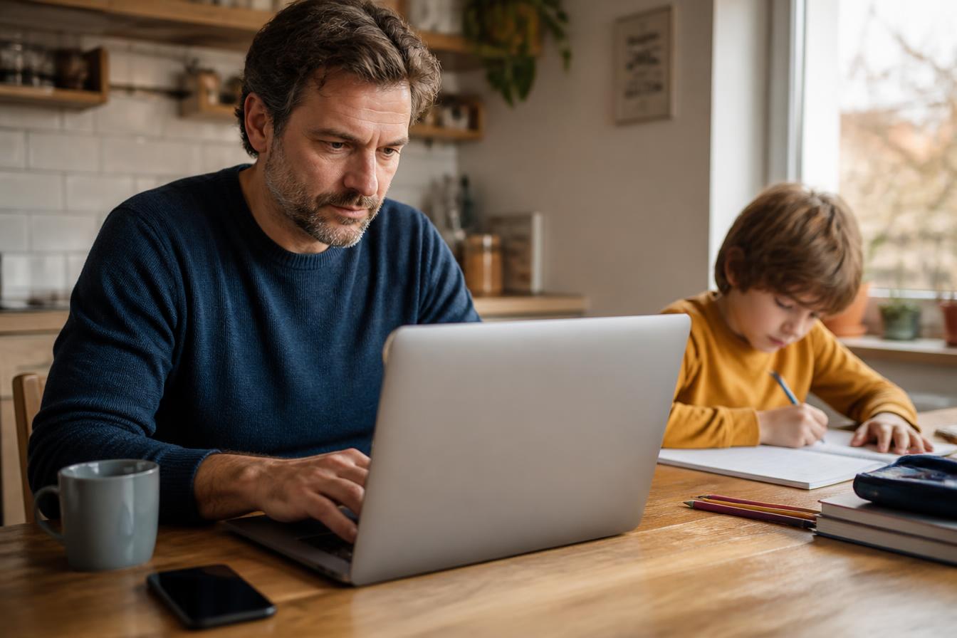 Szülő éppen a laptopon tölti ki a belépési űrlapot, miközben a gyerek mellette tanul
